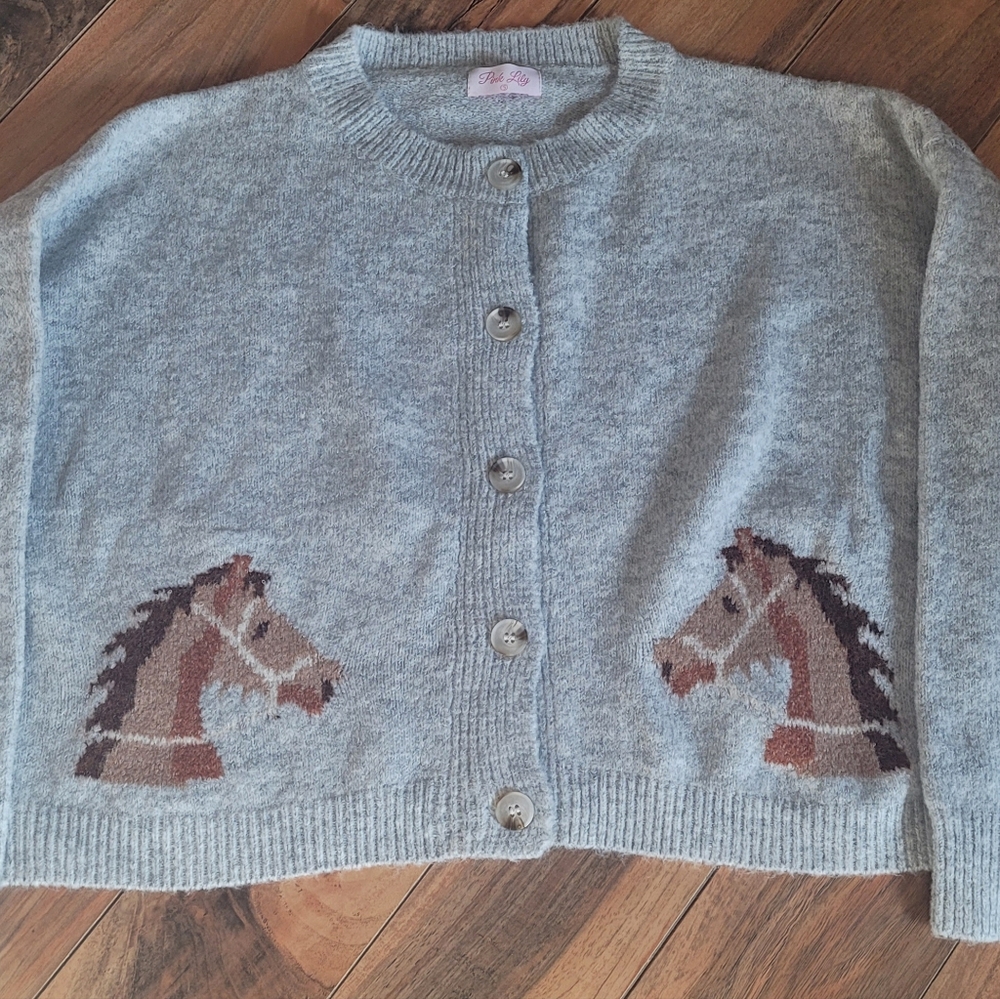 HORSE Graphic Button-Front Cardi, PINK LILY Brand, NIB, S, Hthr Gray & SO CUTE🐎 - Picture 3 of 11